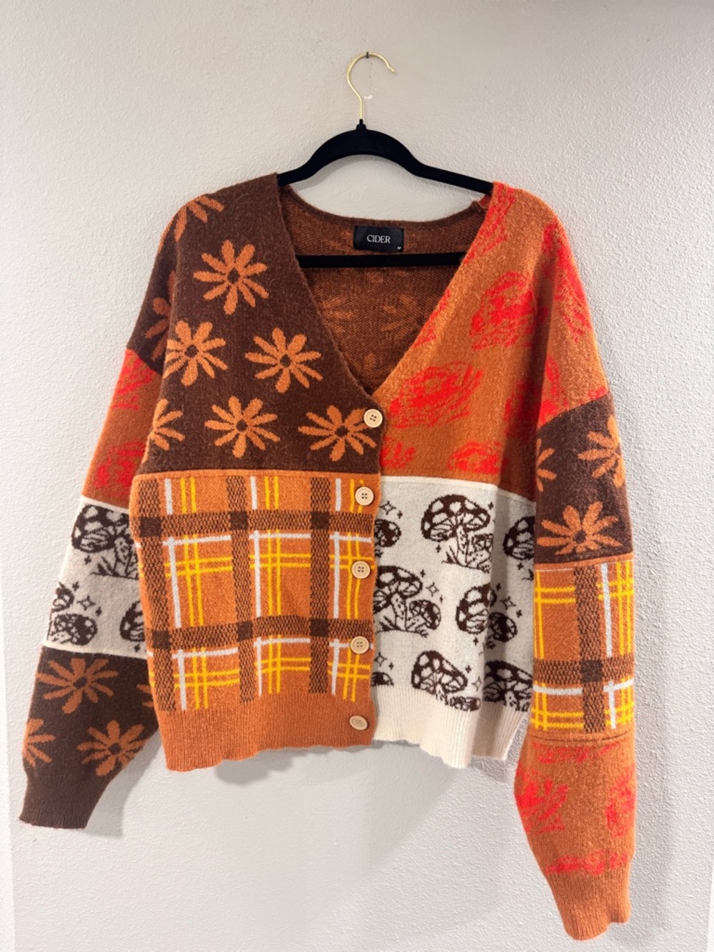 Cider Brown Orange Cream Patchwork V-Neck Button Cardigan
